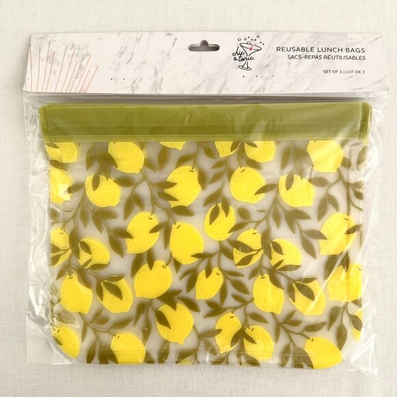 Reusable Lunch Sandwich Bags Set Of 3 Lemon Print BPA Free Dishwasher Safe 8x7in - Picture 2 of 9